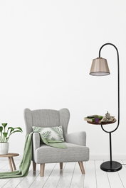 Opviq Lámpara de Pie con Estantes de Madera y Tapa de Tela Beige Oscuro